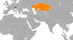 Map indicating locations of Austria and Kazakhstan