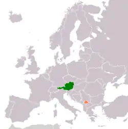 Map indicating locations of Austria and Kosovo