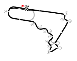 An image of the 1992 layout of the Autódromo Hermanos Rodríguez, running clockwise with fourteen corners.