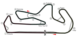 Track layout of the Portimao circuit. The track runs clockwise and has fifteen corners, varying from sharp hairpins to the long sweeping final turn. The pit lane is located on the inside of the track between the final and first turns.