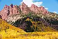 South end of Sievers Mountain above Maroon Lake.These reddish crags are Maroon Formation.