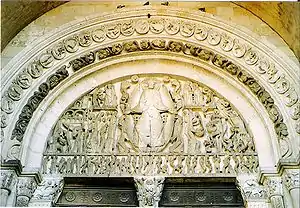 Last Judgement by Gislebertus in the west tympanum of the Autun Cathedral in France, 1120 - 1146.