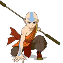 Aang kneeling in a battle pose, holding his staff behind him.