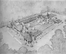  Pen and ink sketch elevation of a three sided campus surrounding a pool