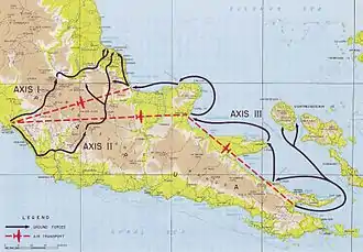 A map of the Papua showing three arrows converging on Buna.