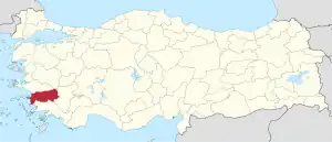 Aydın highlighted in red on a beige political map of Turkeym