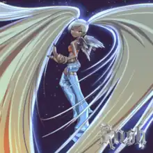 A cartoon version of Ayra Starr with small wings and very large pigtails that flow out into hair longer than her body, with "Rush" in a silver Gothic-style font in the bottom-right corner