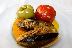 Badımcan dolması (stuffed eggplant) from Azerbaijan, together with tomato and bell pepper dolmas