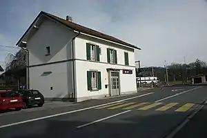 Two-story building with gabled roof