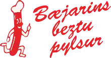 The logo of Bæjarins Beztu Pylsur, featuring an anthropomorphic sausage and stylised red text reading the company name.