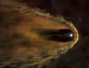 Artist's impression of the pulsar surrounded by its bow shock.  White rays indicate particles of matter and antimatter  being spewed from the star.  Its companion star is too close to the pulsar to be visible at this scale.