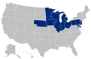 The Big Ten as it now exists, after the 2014 additions of Maryland and Rutgers