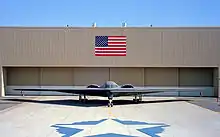 Front view of tailless aircraft parked in front of building. On the building face is a blue and red rectangular flag. A star-shaped artwork is on the taxiway in front of aircraft.