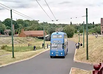 1955 Willowbrook -bodied Sunbeam F4A trolleybus  at Black Country Museum front nearside running up incline.