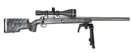 An ICFRA F-Class rifle equipped with a scope and bipod.