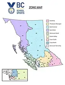 The current BC School Sports Zone Map (Description: A map of British Columbia with different coloured segments representing the 9 zones that make up the province of British Columbia, along with a legend to the right of the map and the Current BC School Sports logo on top beside the underlined text "ZONE MAP"