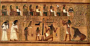 Full view of the Weighing of the Heart from the Papyrus of Ani. Ammit is shown at the far right, near Thoth. Ca. 1250 BCE, Nineteenth Dynasty.