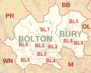 BL postcode area map, showing postcode districts, post towns and neighbouring postcode areas.