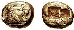 Early 6th-century BC Lydian electrum coin denominated as 1⁄3 stater