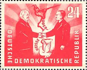 1951 East German stamp commemorative of the Treaty of Zgorzelec featuring the presidents Wilhelm Pieck (GDR) and Bolesław Bierut (Poland)