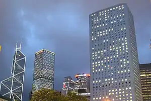 High-rise commercial buildings in Central, Hong Kong—from the left to the right: the BOC Tower, Cheung Kong Center, HSBC Building and Jardine House