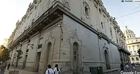 New stone facing over original Tacón Theatre. Calles of San Rafael and Consulado.