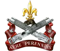 Two crossed machine guns, surmounted by a beaver supporting a fleur-de-lys. Under this is a scroll inscribed with the device Ære perennius meaning 'More lasting than bronze', with a small maple leaf on each end.