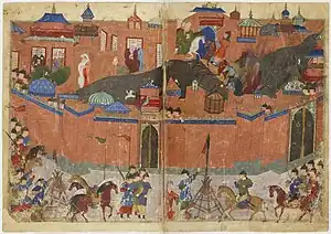 Colorful medieval depiction of a siege, showing the city of Baghdad surrounded by walls, and the Mongol army outside