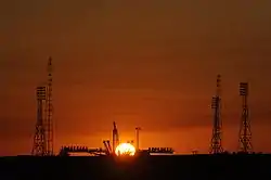 Sunrise at the launch pad prior to the rollout of Soyuz TMA-13, 10 October 2008.