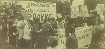 a monochrome photo of a protest rally.  Many of the protesters are minorities and have Afro hairstyles.  "WOMEN AGAINST BAKKE" is a typical sign being held.