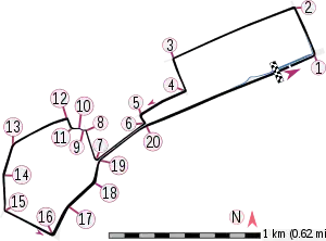 The course runs anti-clockwise and has twenty corners. The pit lane is located on the left hand side of the track, adjacent to the start/finish line, with the entrance roughly half-way between the last and first corners and the exit located after the first turn.