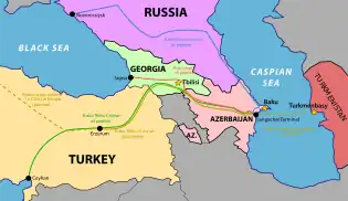  Four oil pipelines fan out from Sangachal Terminal on the Caspian Sea coast to the south-west of Baku, with one heading north into Russia while the other three avoid Armenia by running through Georgia, with one terminating on the Georgian Black Sea coast, one terminating in Turkey, and the other terminating on the Turkish Mediterranean coast.