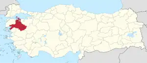 Balıkesir highlighted in red on a beige political map of Turkeym