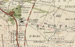 Balata village in the 1940s (Survey of Palestine), showing both Jacob's Well (Bir Ya'qub) and Joseph's Tomb (En Nabi Yusuf), as well as Tell Balata (labelled "Ruins")