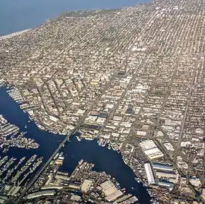 Aerial view of Ballard and Lake Washington Ship Canal from the south