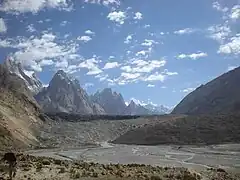 Downstream end of Baltoro Glacier, with Braldu River emerging from underneath