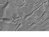 Banded or taffy-pull terrain in Hellas, as seen by Mars Global Surveyor.  Origin is unknown at present.