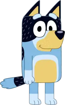 An anthropomorphic cartoon dog with mostly blue fur with a dark blue fur pattern on his head that resembles a bandit's mask. Silver hairs can be seen all over the dark blue areas of his fur as well as on his face around his mouth similar to facial hair, indicating middle age.