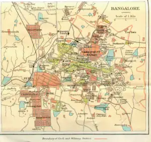 Image 1Bangalore city map, circa 1924 from "Murray's 1924 Handbook", with the pete and Cantonment areas clearly visible. (from History of Bangalore)