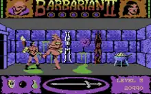 A digital representation of a barbarian, wearing only a loincloth, holds his axe at the ready as a big humanoid monster kicks him.  On the top left and right corners of the screen are gauges that depict the lives of the combatants.  The word "Barbarian II" lies in the top centre with five globes under it and placed between small pictures of a wizard and the barbarian. The player's score is displayed in the lower right corner. The lower centre of the screen depicts a sword that acts as a compass. The lower left panel shows items collected by the player character.