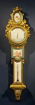 Louis XVI style barometer-thermometer; c. 1776; soft-paste Sèvres porcelain, enamel, and ormolu; height: 1 m, width: 0.27 m