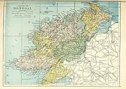 Barony map of County Donegal, 1900; Inishowen West is in the northeast, coloured yellow.