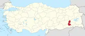 Batman highlighted in red on a beige political map of Turkeym