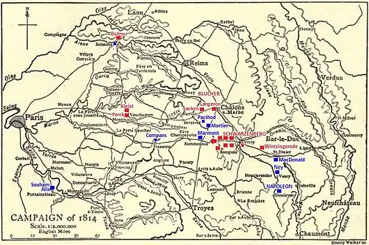 Black and yellow map of the Campaign of 1814 in 1:2,000,000 scale with red and blue units and generals.