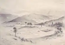 Drawing of soldiers in a camp in a field among mountains