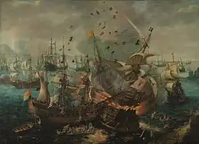 Painting of a fleet of ships showing one ship exploding in flames, with men and debris flying in the air and other men in the water, jumping overboard or taking to lifeboats