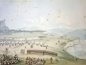 A landscape showing a battle mounted by soldiers in red coats against a fort in mid-distance, with further fighting in the far distance; the shores of a lake is on the left