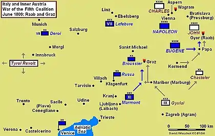 Battles of Raab (14 June) and Graz (24–26 June) campaign map