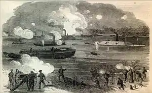 Ships in obstructed river with projectiles exploding around them