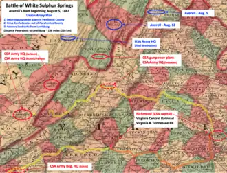 map showing western virginia with Union and Confederate positions and two railroads